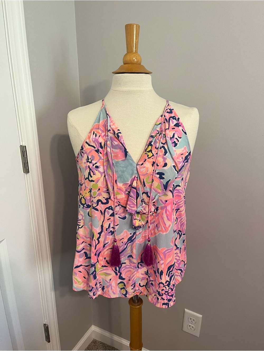 Lilly Pulitzer 100% Silk Flower Print Tassel Tank Sz XS EUC